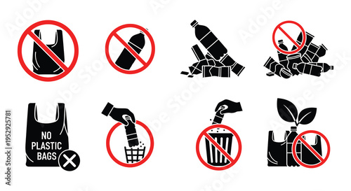 No plastic prohibition signs depicting waste and ecological alternatives