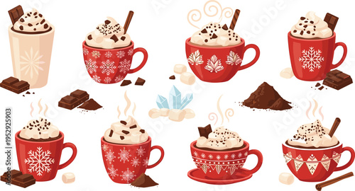 Christmas Hot Chocolate Mug Collection with Marshmallows, Chocolate Pieces, Cinnamon Sticks, and Snowflake Cups for Cozy Winter Drinks and Holiday Dessert Vector Designs