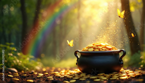 Black cauldron brimful with shiny gold coins sits on forest ground. Golden butterflies flutter near rainbow light. Scattered coins surround pot in mystical woodland setting with sunbeams.