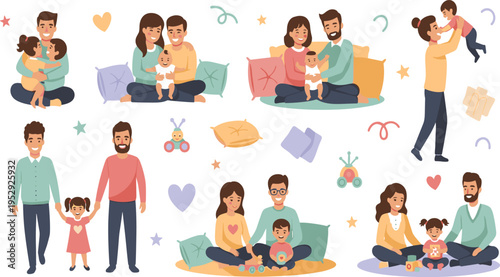 Happy Family Moments Collection with Parents and Children Playing Hugging and Spending Time Together in Flat Cartoon Vector Illustration Style.