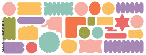 Colorful arch, rectangle, square, oval, and circle shapes with scalloped edges, cute basic geometric forms with curvy borders, perfect for empty text boxes, tags, labels, and playful design elements.