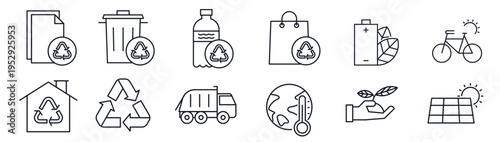 “Environmental Waste Management Icon Set – Recycling, Sustainability, Disposal and Ecology Symbols”