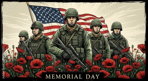Memorial Day Tribute: American Soldiers in Uniform Standing in a Field of Red Poppies with a Waving US Flag in the Background, Honoring Veterans and Fallen Heroes
