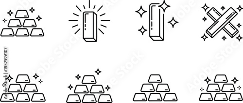 Gold bars and bullion line icons set with precious metal, ingot and shiny gold symbols isolated on white background for finance and investment concepts