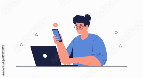 Man with glasses using smartphone and laptop, online payment concept