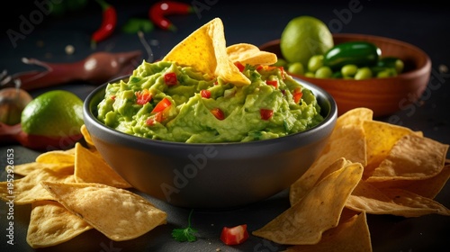 A photo of a fresh bowl of guacamole with chips.