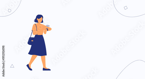 Woman checking smartwatch while walking, modern flat design, abstract background