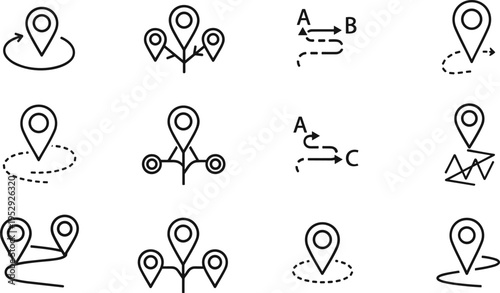 Location pin and route navigation line icons set with map markers, path directions and destination symbols isolated on white background for GPS and travel concepts