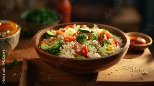 A photo of a fresh bowl of rice with vegetables.