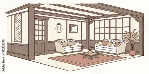 A cozy living room with large windows and a comfortable seating area