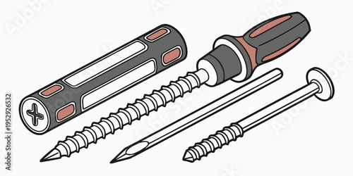 Assorted screws and screwdrivers displayed on a white background