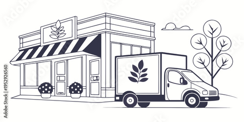 A delivery truck parked in front of a store with a tree growing from its back.