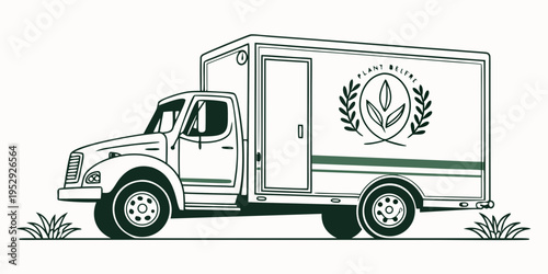 A vintage delivery truck with a laurel wreath logo on the side