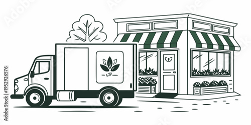 A delivery truck parked in front of a flower shop with various plants on display.