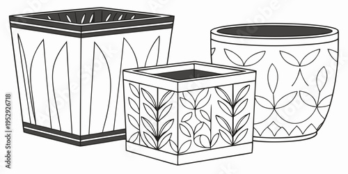 Three decorative pots with intricate designs and varying sizes on a flat surface