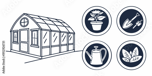 A greenhouse with various gardening tools and plants.