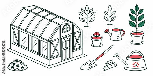 A vibrant illustration of a greenhouse and gardening tools with various plants.