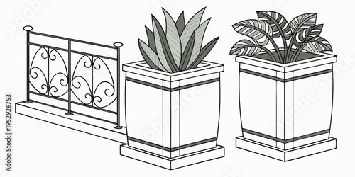 Three potted plants on pedestals in front of a window with curtains