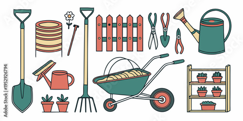 Assorted gardening tools and equipment neatly arranged in a row
