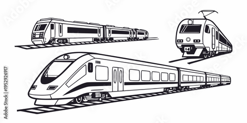 Three distinct trains showcasing various designs and styles in a black and white illustration.