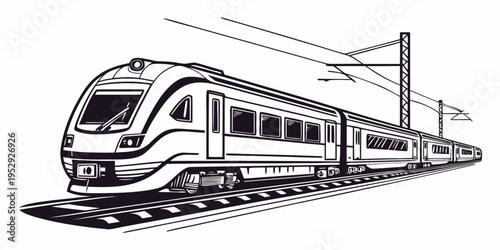 A sleek, modern train traveling on a railway track with a pole nearby