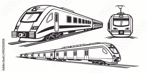 A detailed illustration showcasing various types of trains and trams