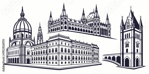 Intricate drawing of a grand cathedral with multiple towers and detailed architectural features