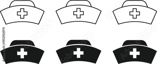 Nurse cap medical icons set with healthcare hat and cross symbols isolated on white background for hospital, clinic and medical profession concepts