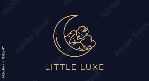 Sleeping Baby Embraced by Crescent Moon, Minimal Line Art Logo, Dark Background, Lifestyle Illustration, Calm Concept