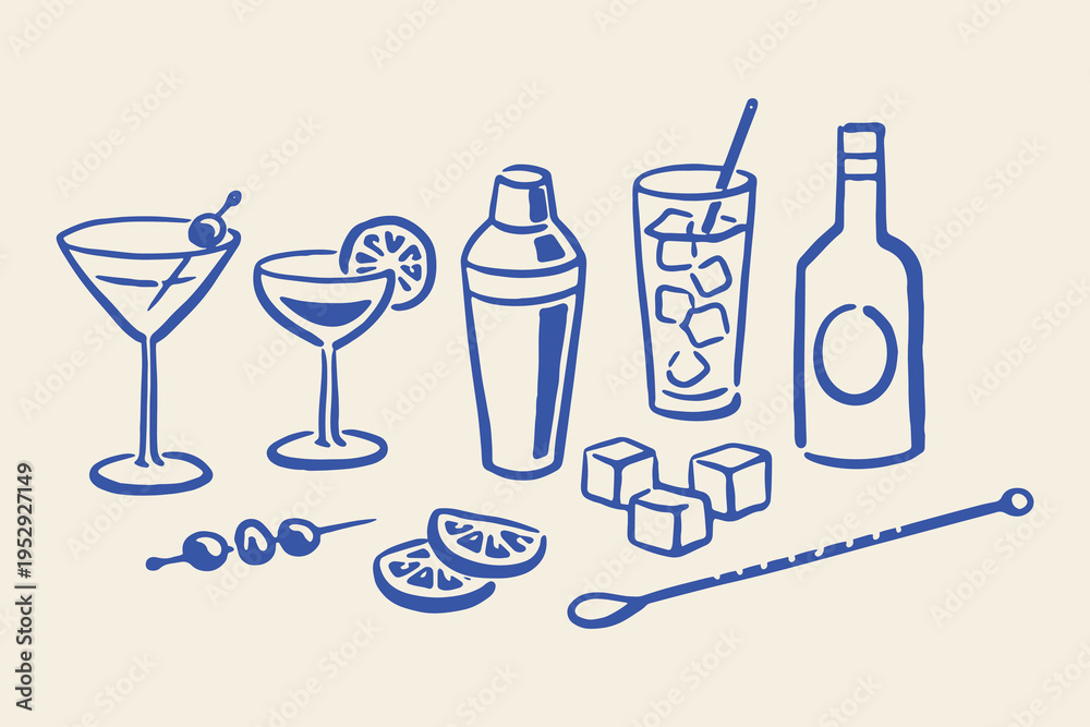 Fototapeta premium Cocktail elements set outline sketch vector illustration