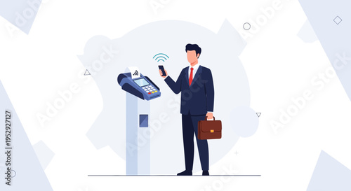 Businessman making contactless payment with smartphone at POS terminal, modern finance concept