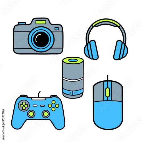 set of five modern electronic gadgets featuring camera headphones smart speaker gaming controller and mouse vector illustration