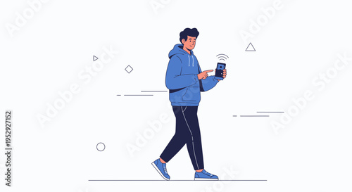Man in Blue Hoodie Walking with Smartphone, Digital Connection Concept