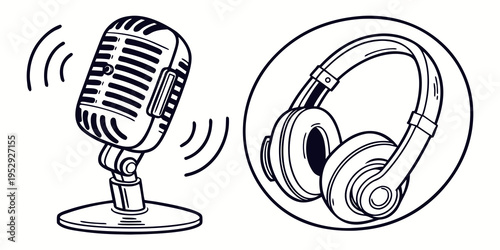 Illustration of a microphone and headphones for audio recording and listening