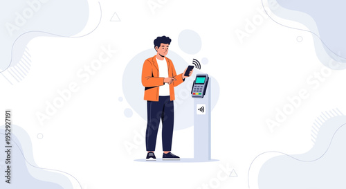 Man making contactless payment with smartphone at payment terminal
