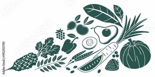 Illustration of various tropical fruits and leaves in a vibrant and artistic style