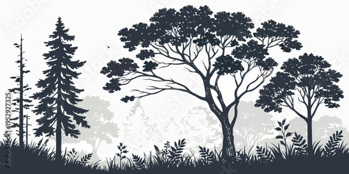 A serene forest scene with tall trees and a peaceful atmosphere under a starry sky