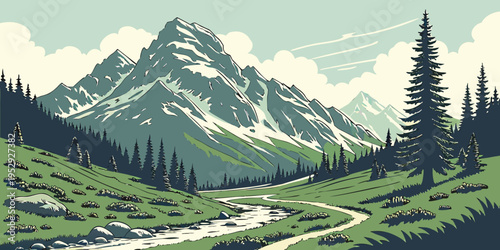 Majestic mountain range with a serene lake and lush greenery in the foreground