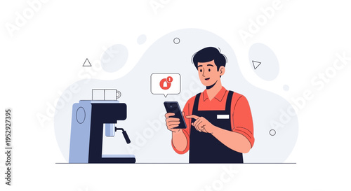 Barista Using Smartphone to Control Coffee Machine, Smart Cafe Concept