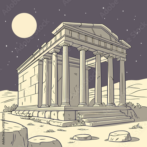 Ancient roman temple at night with full moon and stars with temple ruins