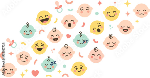 Cute Baby Face Emotions Collection with Newborn Expressions Including Happy Sad Sleeping Crying and Laughing in Cartoon Vector Illustration Style.