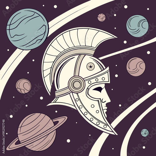 Ancient greek helmet in space among planets and stars with extraterrestrial life