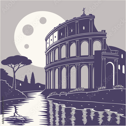 Colosseum by water at dusk with stylized moon and tree with dusk light