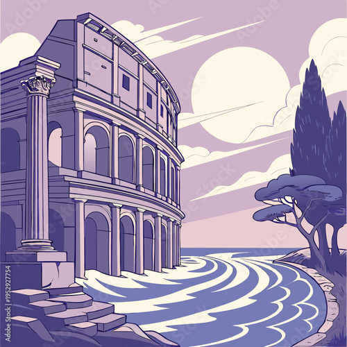 Colosseum in rome with surreal wavy landscape and large moon