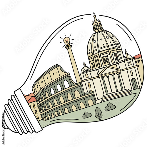 Rome landmarks in lightbulb illustration: colosseum, st. peter's basilica, and obelisk representing italian ideas and history, st peters