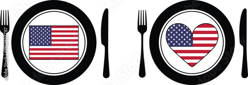American Cuisine Plate Icon Set with USA Flag and Heart Symbol, National Restaurant Menu Illustration for Dining, Culinary Branding, and Patriotic Food Graphics