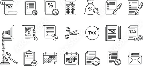 Tax and finance line icons set with calculator, document, percentage, money bag and legal symbols isolated on white background for accounting and business concepts