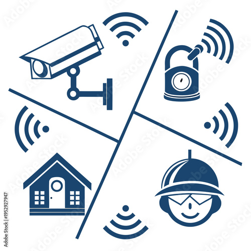 Wireless home security system icons with camera, smart lock, house, and burglar for digital safety, house icon