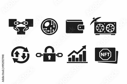 Cryptocurrency icons set: blockchain, wallet, mining, nft, encryption