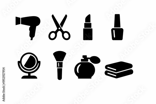 Set of beauty and hair salon icons: hairdryer, scissors, lipstick, nail polish, mirror, brush, perfume, towels